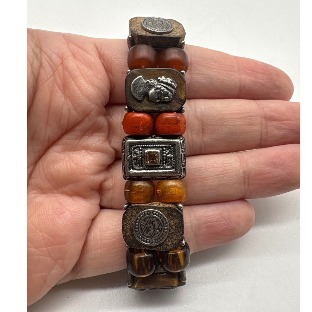 Bohemian Mixed Bead Cameo Stretch Bracelet Brown Red Silver Tone